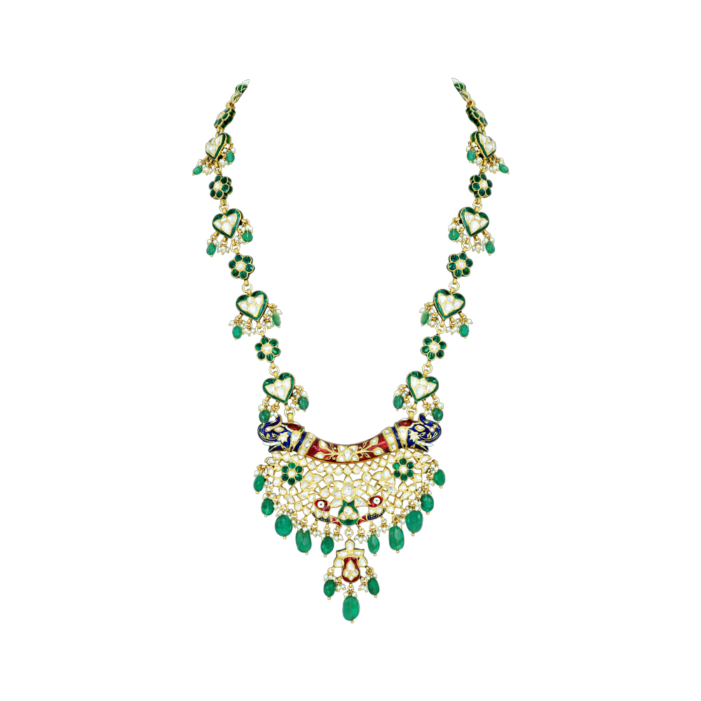 Polki Pendant Necklace with Red-Green Meenakari and Emeralds